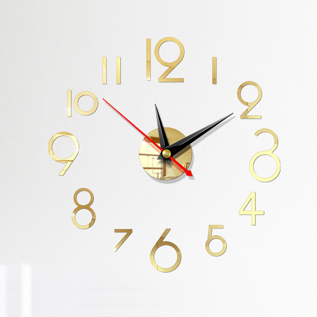 Wall Clock Sticker 3D DIY Hanging Clock Decal Self Adhesive Decoration Wallclock Sticker, Red: Light Gold
