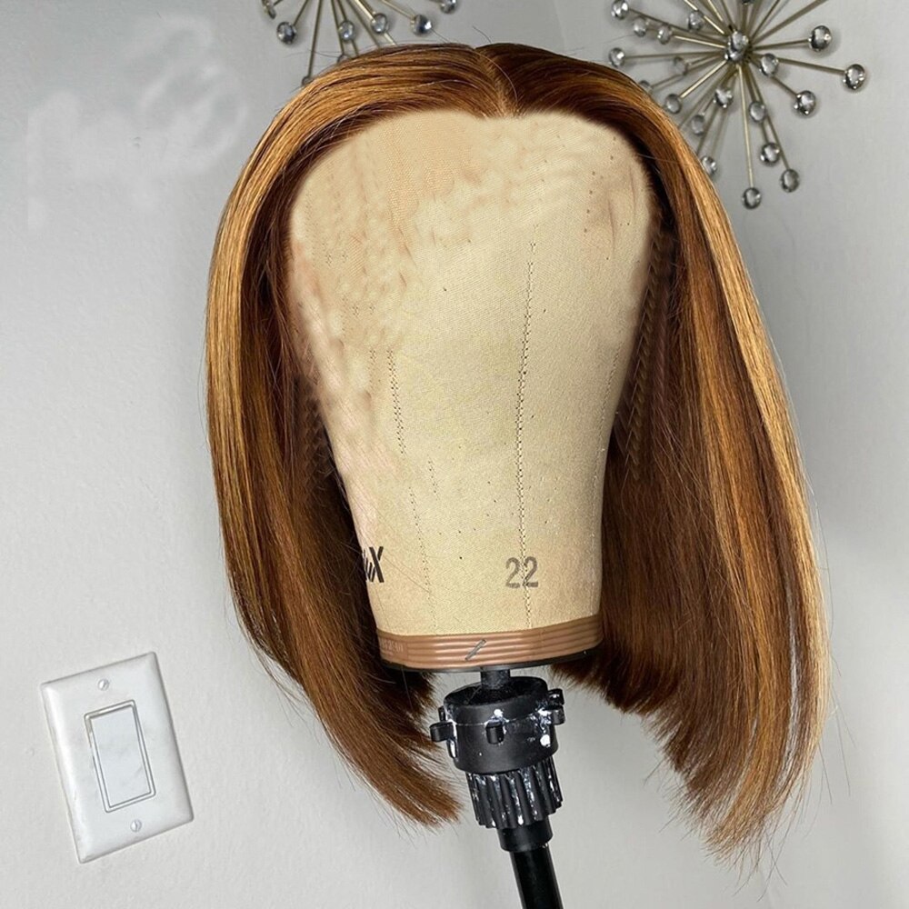 Korte Bob Hoogtepunt Kleur Pruik Steil Haar Korte Synthetische Midden Deel Pruik Schouders 10-16 "Bob Pruiken Blonde bruin Cosplay Dagelijks