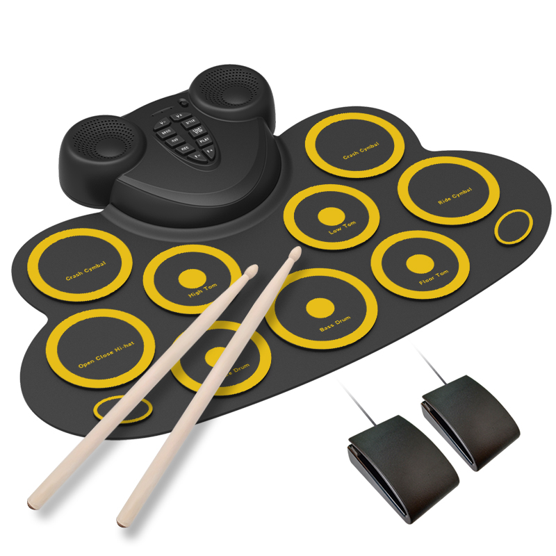 Electronic Drum Set Kids can play games practice drum mat Rechargeable drum set with built-in speaker pedals, drumsticks: WG621S yellow