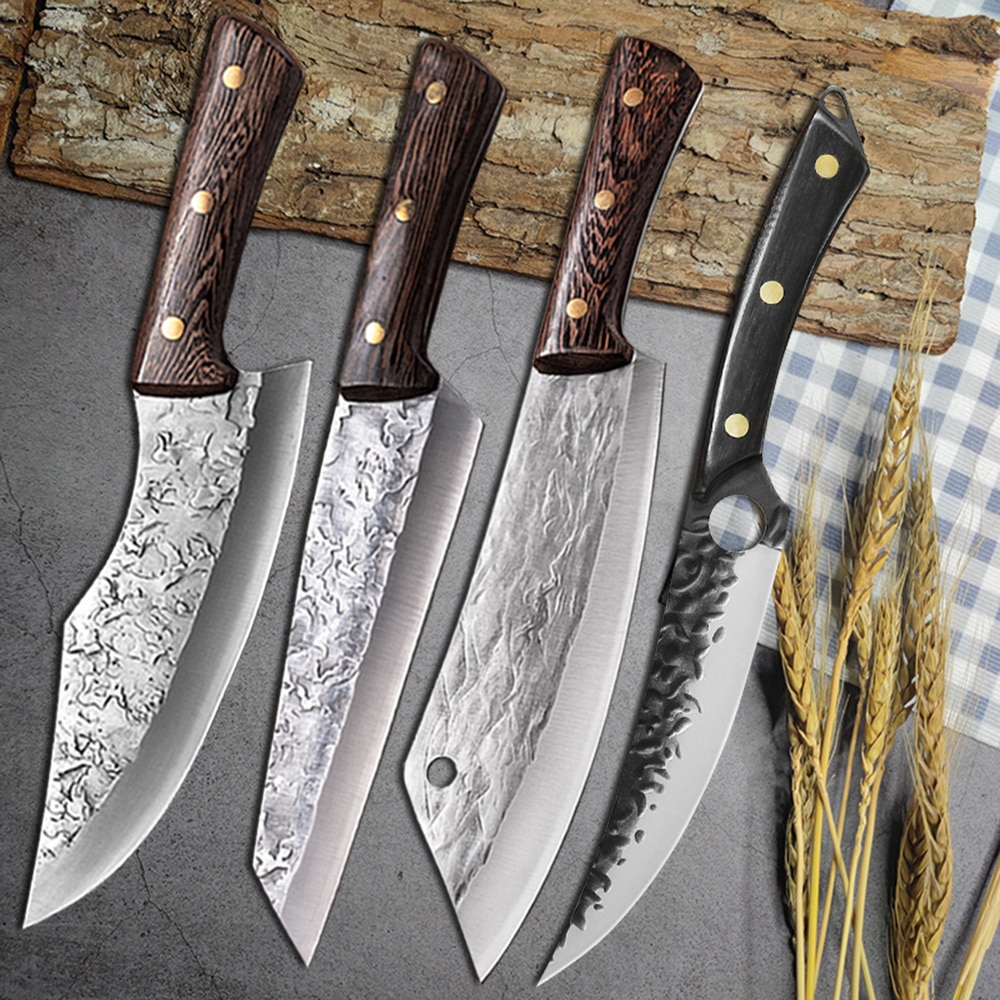 3/4PCS Set Forging Kitchen Boning Knife Full Tang Handle Handmade Steel Boning Knives Chef Slicing Cutter Santoku Cleaver: Option 2