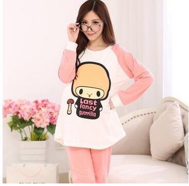 Spring Cotton Pajamas Cotton Feeding Home Furnishing Maternal Lactation Month Long Sleeved Suit Suit Mushroom Head: Beige / XL