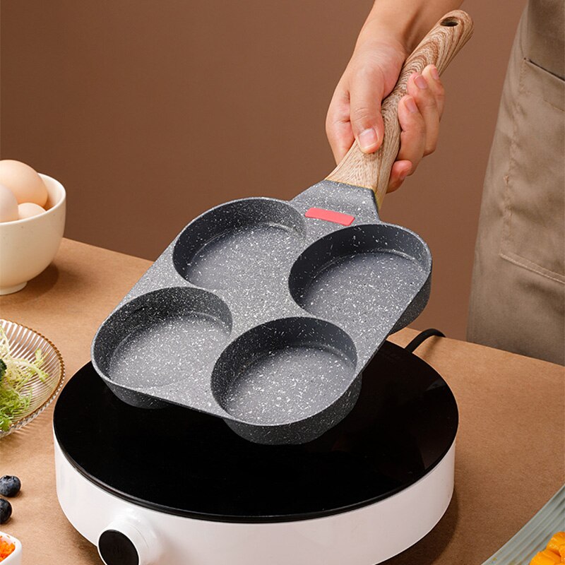 Universal 4-Hole Scrambled Egg Non-stick Frying Pan Wooden Handle Induction Cooker Gas Stove Kitchen Omelette Burger Pancake Pan