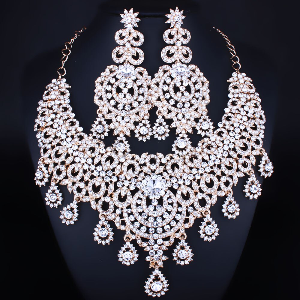 Marokkaanse stijl statement ketting oorbellen set met kristallen strass steentjes luxe bruids- en trouwsieraden sets