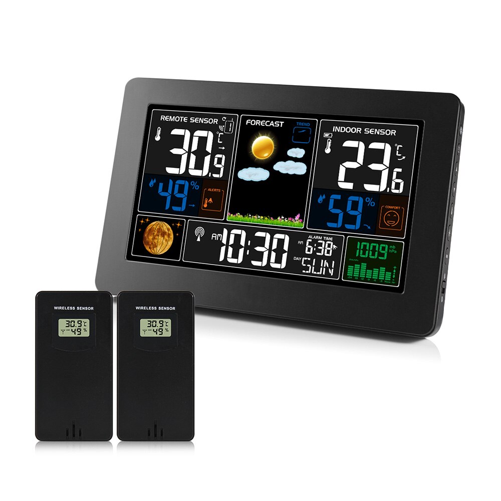FanJu Digital Thermometer Weather Station Hygrometer Barometer Electronic 3 Outdoor Wireless Sensor Large Screen Wall Clock Home: Black 2