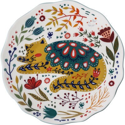 Colorful Cat Dinner Plate Under-glazed Ceramic Dinner Dishes Dessert Tray Flower Kitten Dinnerware Microwave Safe Dessert Plate: Ceramic plate 02
