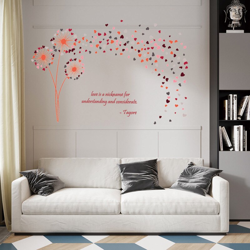 Muursticker met paardenbloem in de vorm van een hart in de vorm van een veelkleurige roos voor een bruiloft, romantische decoratie voor thuis, muurschilderingen, paardenbloemstickers