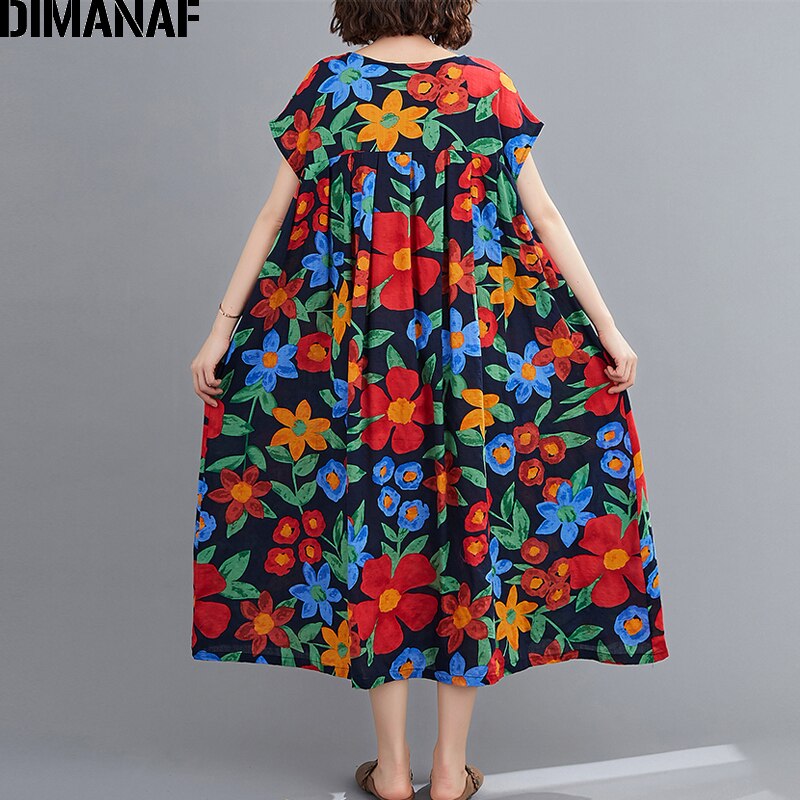 Dimanaf sommer plus størrelse kvinder kjole strand stil kvinde vestidos solkjole løst print blomster plisseret dame lang kjole