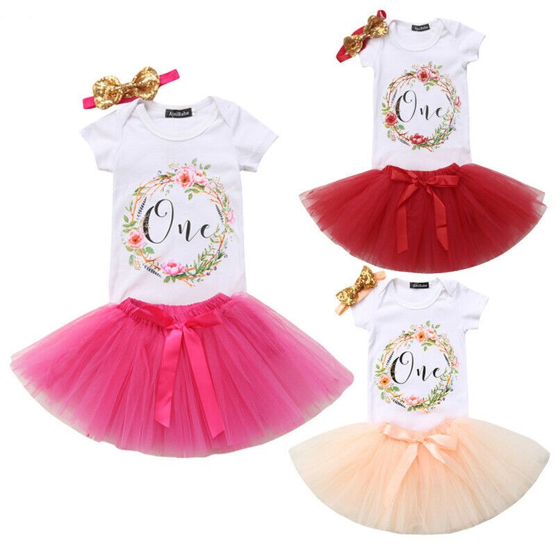 Flower Baby Girl Romper Tutu Cake Skirt Headband Set Wedding Year Baby Birthday 1 Years Infant Fancy Frocks