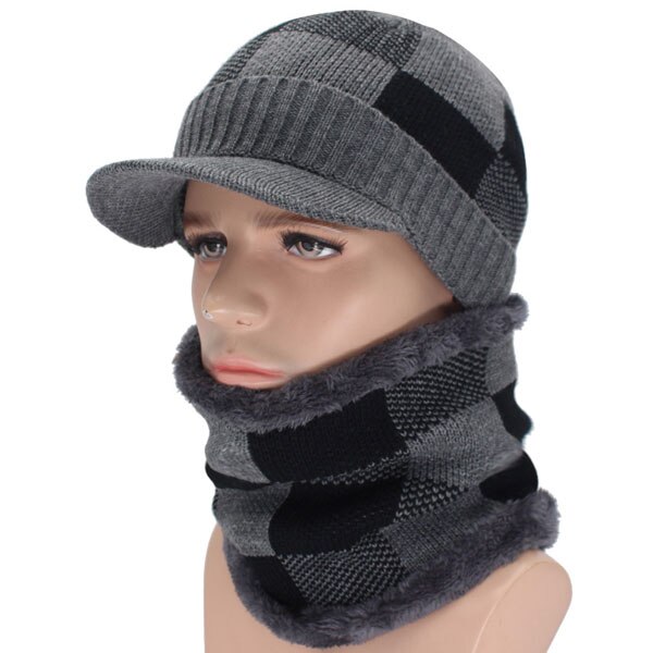 Skullies pipot miesten talvihatut miehille huivi neulottu hattu lippalakki naisten talvi pipo hattu uros homme gorro bonnet baseball lippalakit: Harmaa setti