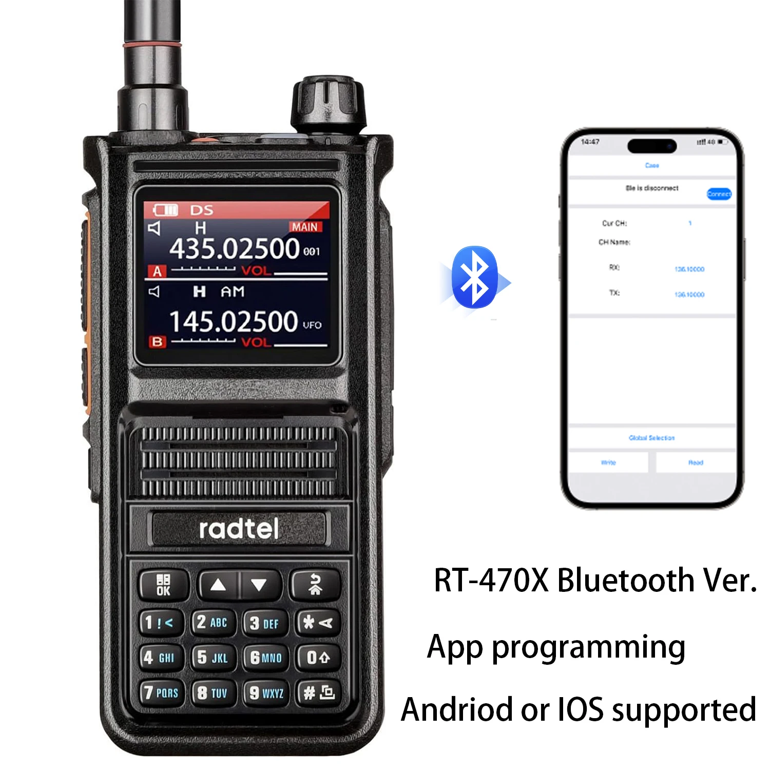 Radtel RT-470X Plus Bluetooth Ham Walkie-Talkies 256CH Air Band Dwukierunkowa stacja radiowa Lotnictwo NOAA Police Marine Transceiver: Niebieski / EURO