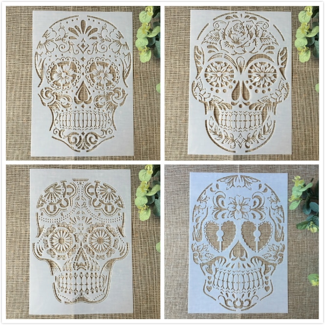 4 stk 29cm a4 kranie skelet spøgelse gør-det-selv lagdeling stencils maleri scrapbog farvelægning prægning album dekorativ kort skabelon: 4 stk sæt