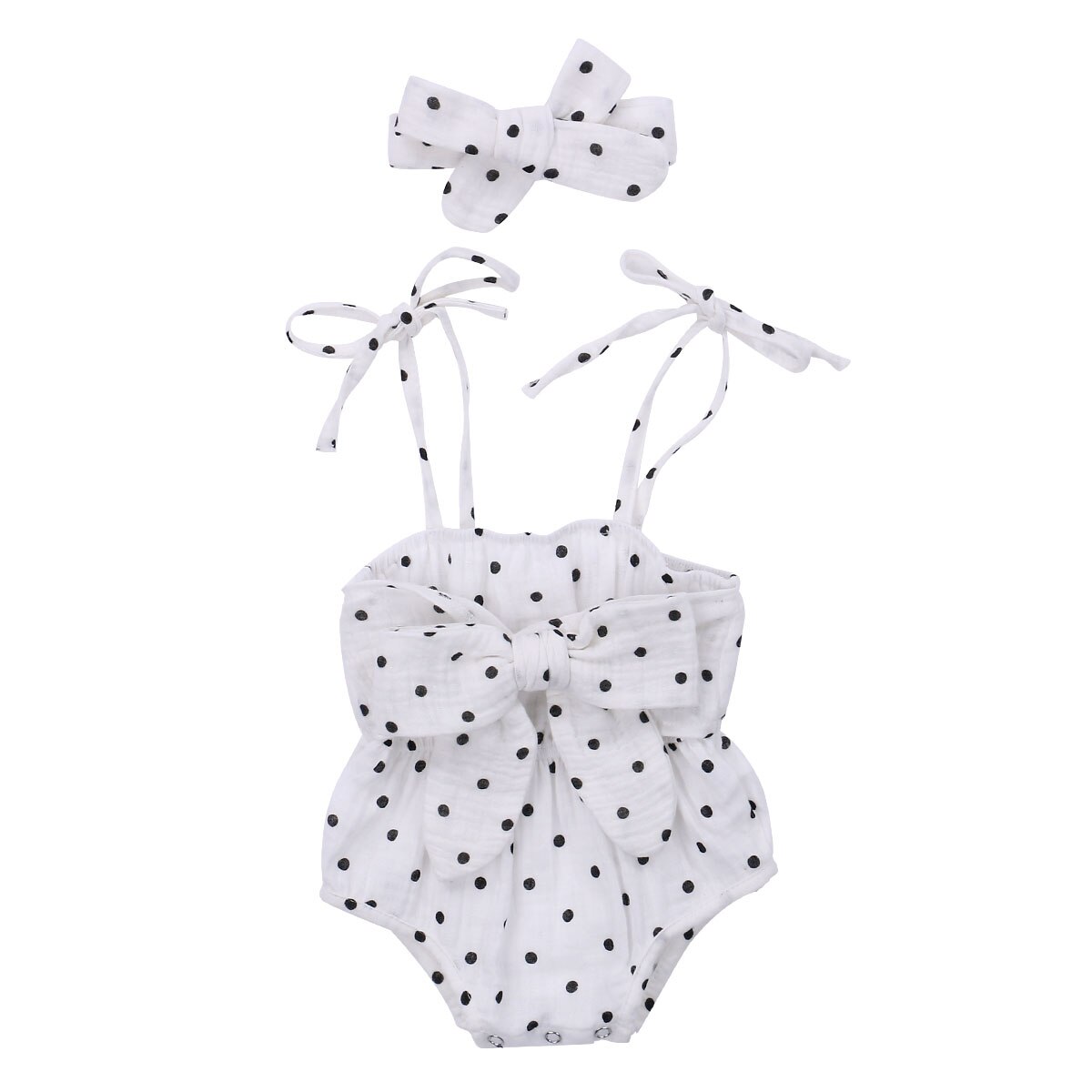 Focusnorm 0-24M Jongens Meisjes Bodysuits Hoofdband 2Pcs Bloemen/Polka Dot Print Mouwloze Strik Riem Jumpsuits: WHITE / 18m