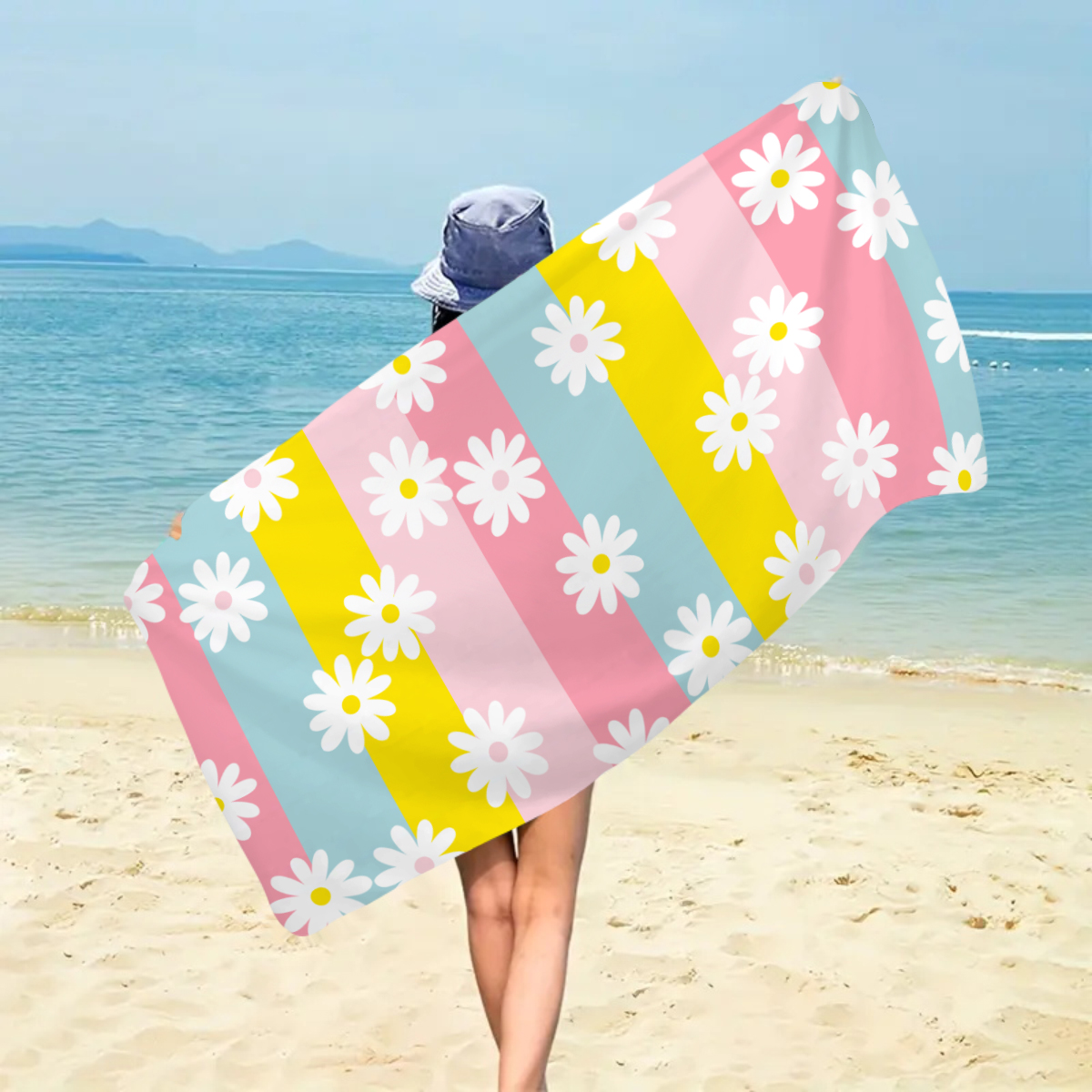 1pc Boheemse grote strandlaken, gestreepte bloemliefde bedrukte badhanddoek, buitenzwemmen, , camping strandlaken