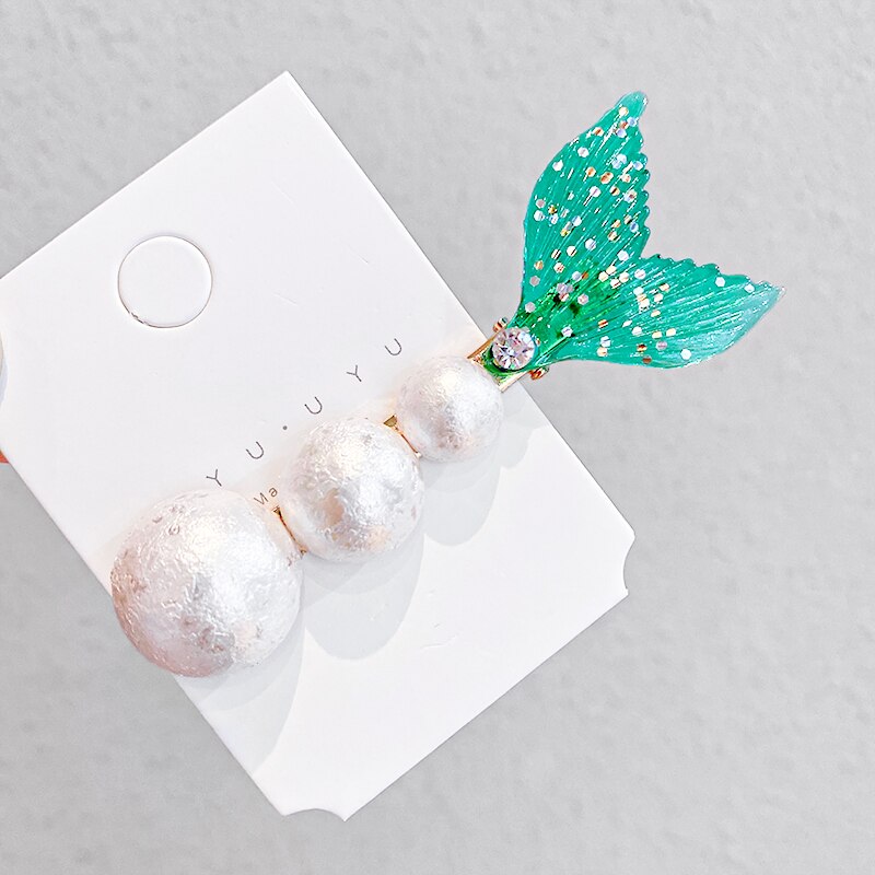 Pasadores de cola de pez con perlas para niña y mujer, diadema dulce, pinzas para el pelo de sirena, horquillas, accesorios para el cabello a la: green