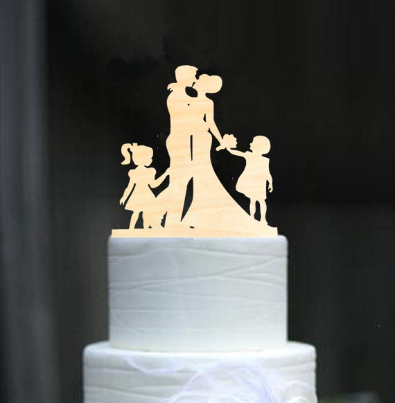 Familie stil rustikke træ bryllupskage topper brud og brudgom kage toppers med børn dreng eller pige kage dekorere baby shower