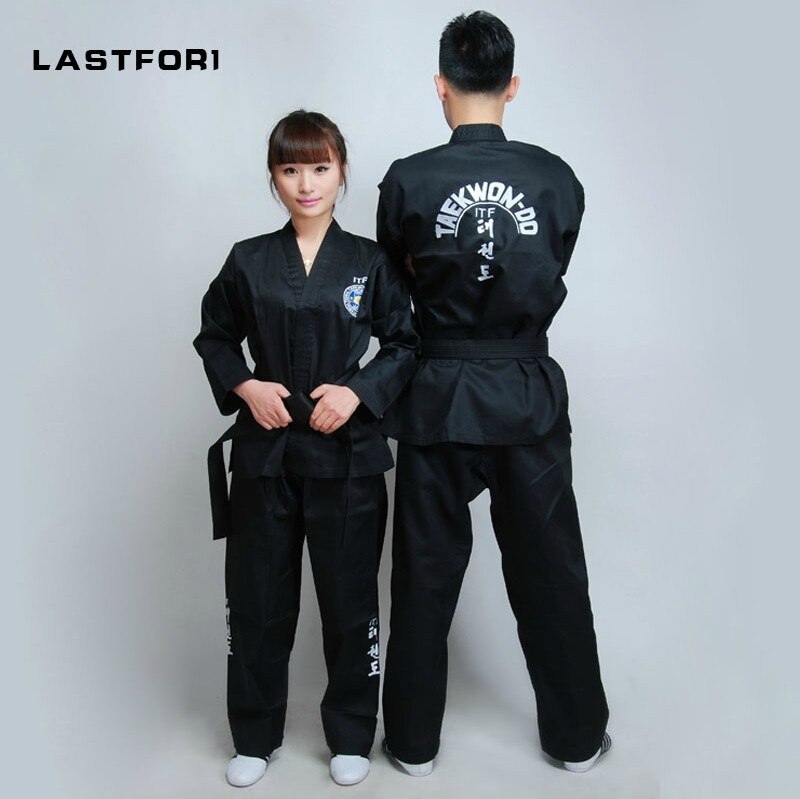 Brand Zwarte volledige borduurwerk uniformen ITF tae kwon kleren ITF taekwondo open voorzijde dobok Zwarte Riem karate uniformen