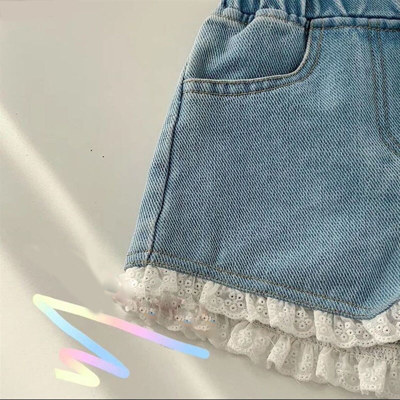 2022 estate nuovi bambini coreani carino dolce e confortevole pantaloncini di jeans morbidi pantaloncini di pizzo