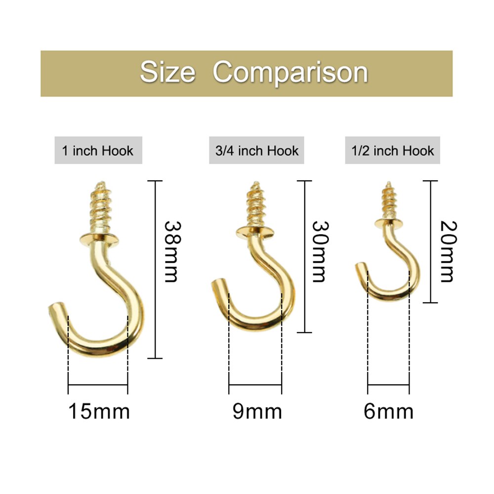50pcs/lots Brass Cup Hooks Screws Hanger Hook For Picture,Coat,Key Jewelry Display Hanging Hardware 1/2&#39;&#39; /1&#39;&#39; /3/4&#39;&#39; 3 Sizes