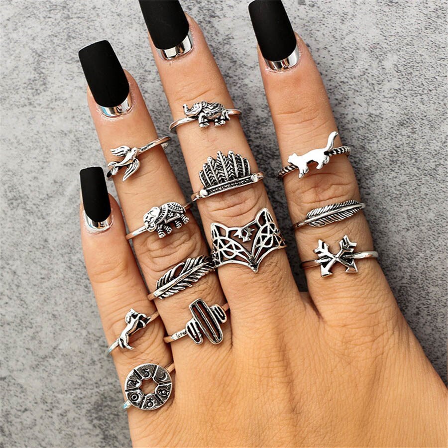 Bague Femme Vintage Ringen voor Vrouwen Boho Geometrische Bloem Crystal Knuckle Ring Set Bohemian Midi Vinger Sieraden Zilveren Kleur: Set12 Fox