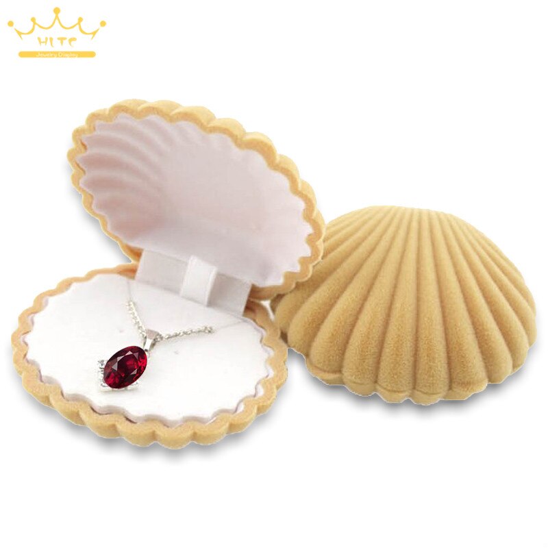 1 Stuk Shell Vorm Mooie Fluwelen Bruiloft Engagement Ring Box Voor Oorbellen Ketting Armband Sieraden Display Box Houder: Apricot