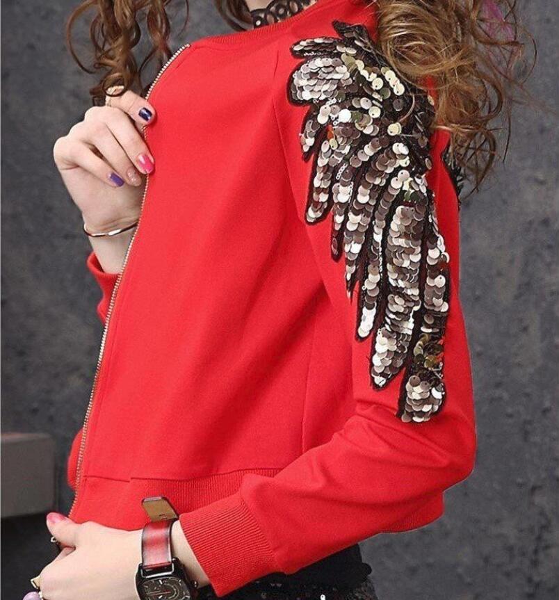 Vrouwen Rode Korte Jas Lente Mode Elastische Dunne Pailletten Kralen Tops Vrouwelijke Tij Jas Streetwear Dames Jassen Bovenkleding