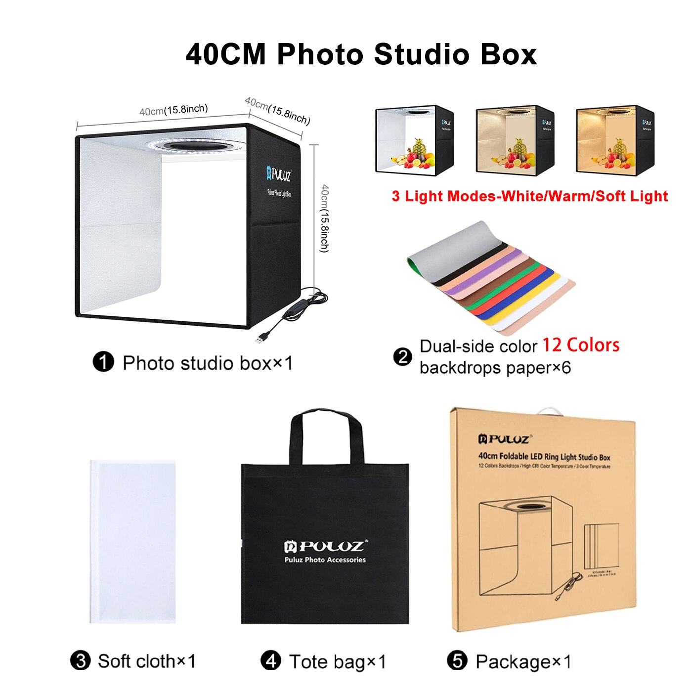 Puluz Mini caja de estudio fotográfico portátil Kit de anillo LED 3 modos de luz Softbox con fondos de 6/12 colores,Caja de luz de fotografía plegable de 25 cm / 30 cm / 40 cm, caja de tiro para fotos