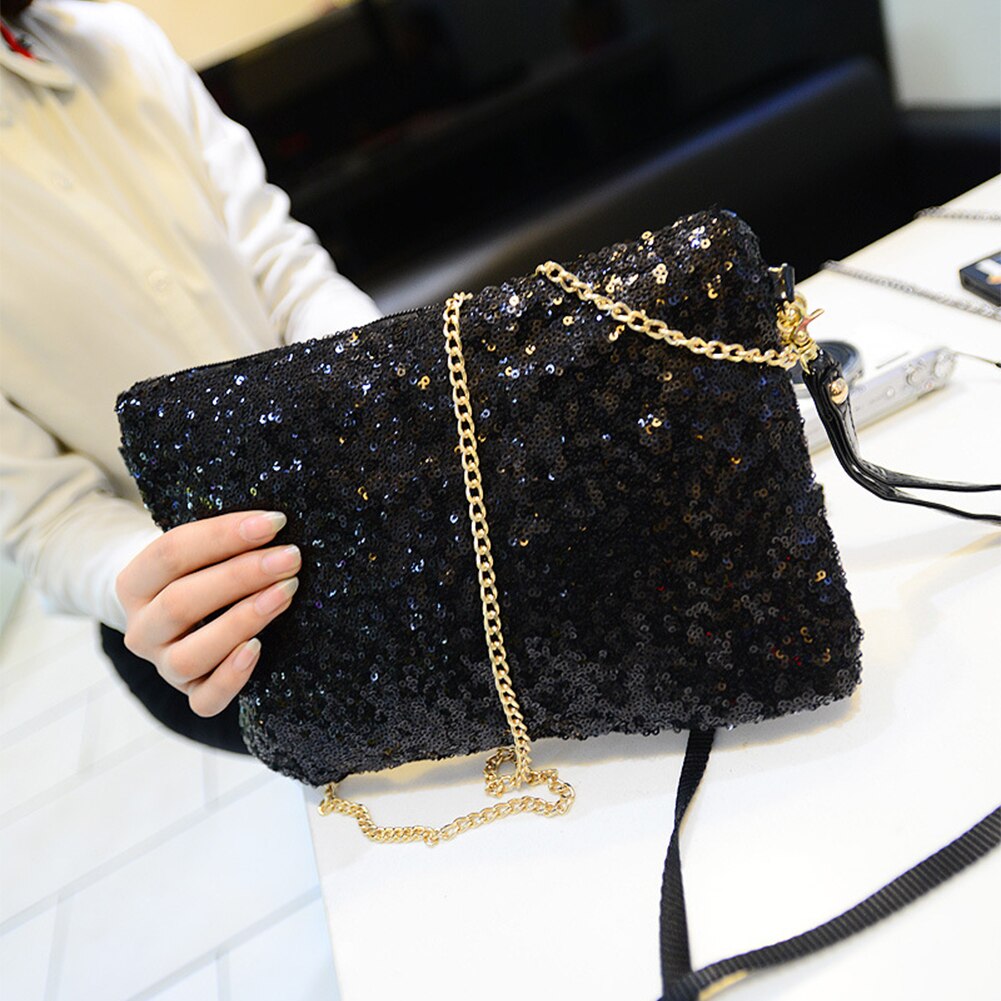 Borsa a tracolla con paillettes staccabile con cerniera a catena di grande capacità Fashion Club Evening Party Glitter borsa a tracolla da donna: Black