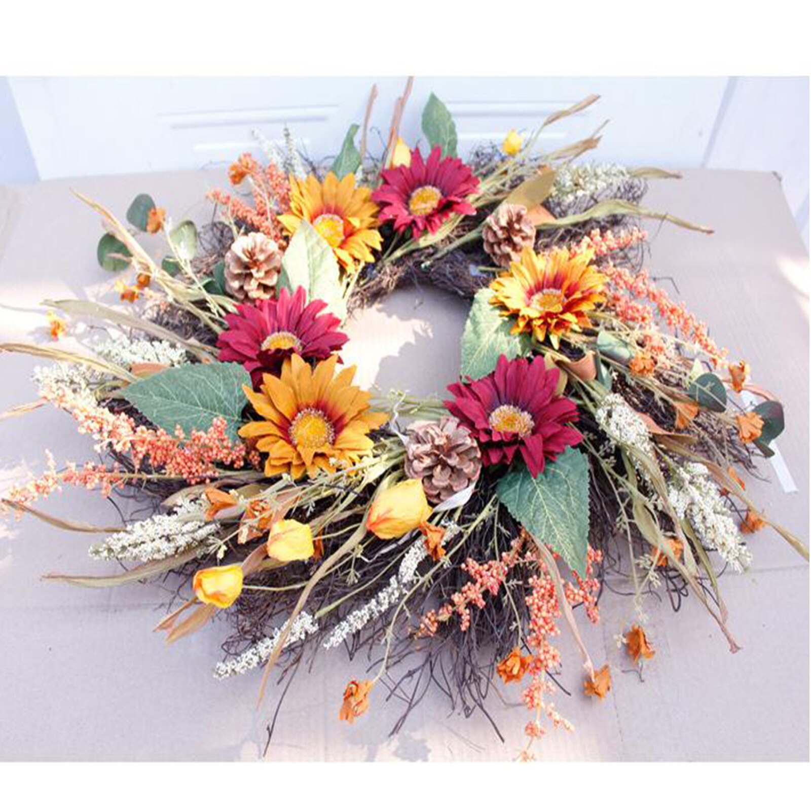 Artificial Sunflower Wreath, 2ft Large Round Wreath for Front Door Wingow Wall