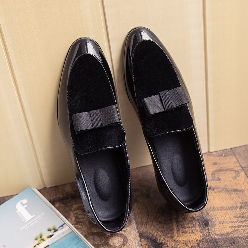 Vusuvon herr formella skor bowknot bröllopsklänning herrar lägenheter fritidsskor svart blå lack slip on mocka loafers herr sko