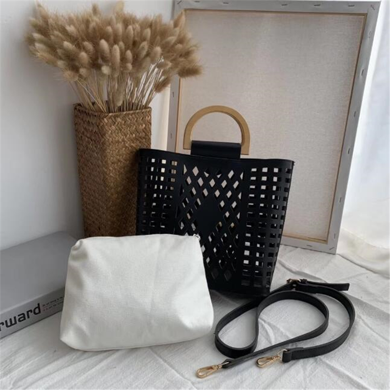 Femmes sacs sacs à main marques célèbres évider plage sac Bolsa Feminina bois poignée fourre-tout sacs sac à bandoulière en cuir synthétique polyuréthane sacs à main