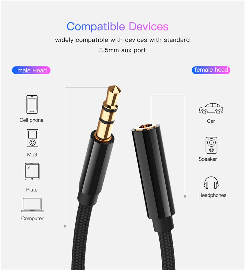 AUX Cable 3.5mm Audio Extension Cable Jack 0.5m/1m/1.8m/3m/5m Male to Female Headphone Cable For Speaker Louder Smart Phone