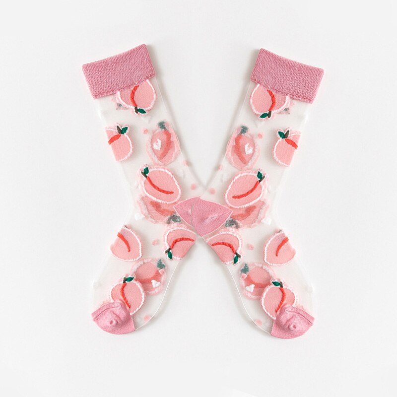 Japanese Korea Style Casual Transparent Crystal Silk Trend Women Socks Cartoon Fruit Ultrathin Glass Silk Socks Meias: Pink