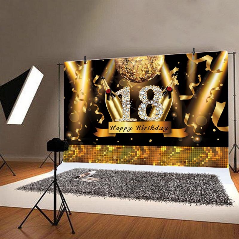 18th Birthday Party Achtergrond Disco Goud Licht Champagner Diamanten Glanzende Foto Achtergrond Decor Banner Photo Studio Prop