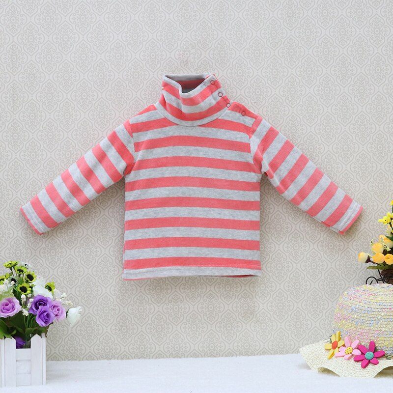 Kleine Q baby turtle neck velours blouse 5 stks/partij gestreepte lente en herfst unisex shirts kinderen lange mouwen klinknagels knop kleding