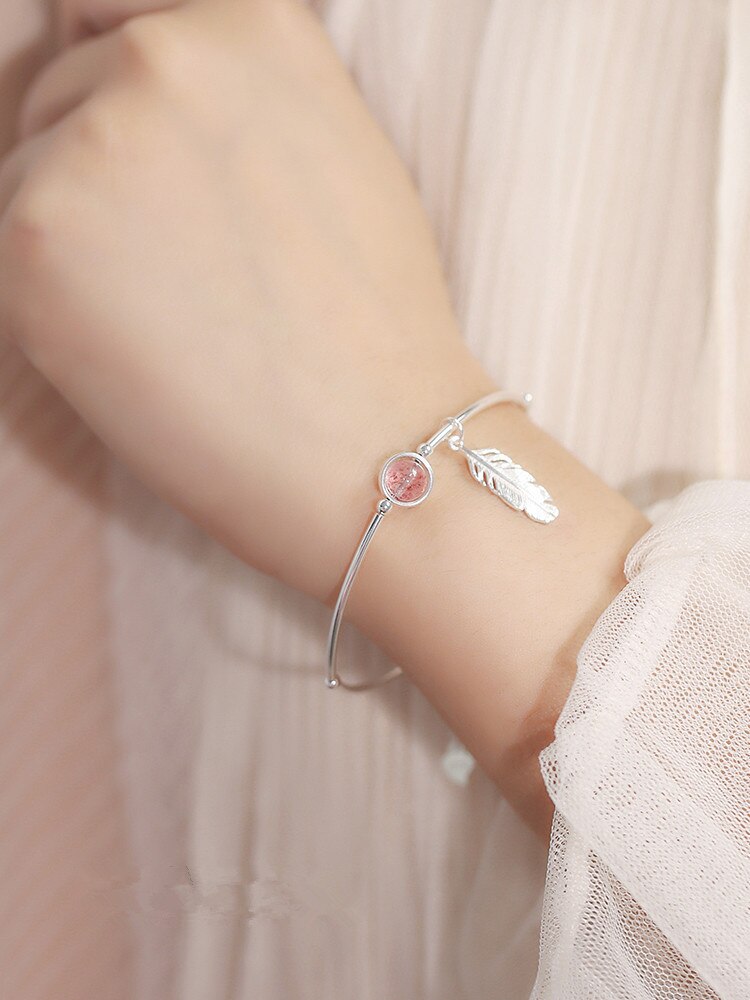 Pfirsich blossom erdbeere Perle Rosa Kristall feder Anhänger Silber überzogene armband armband weiblichen