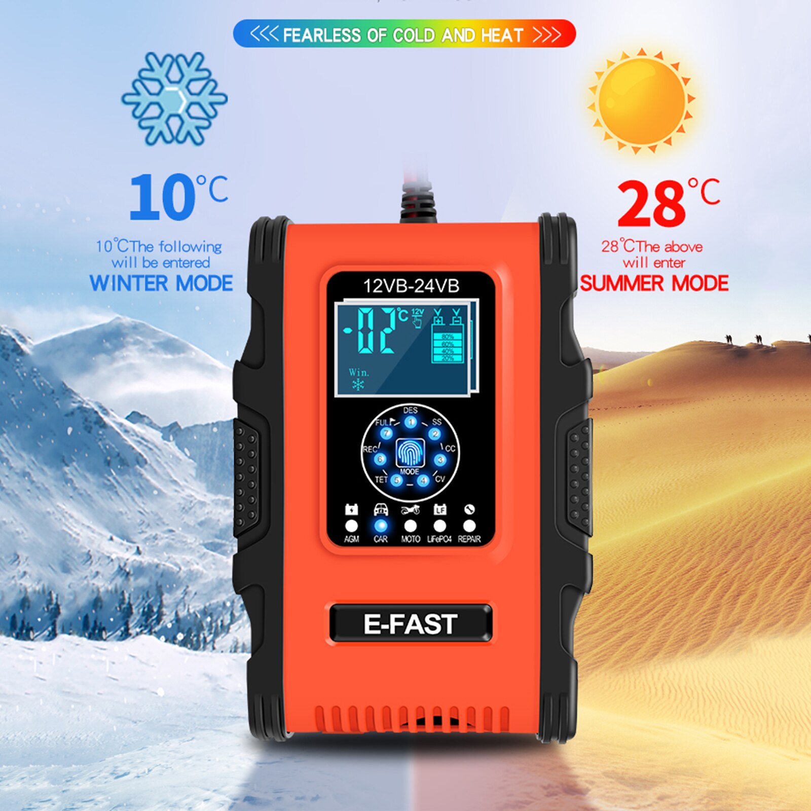 Car Battery Charger 12V 12A 24V 6A 100-240V AC Pulse Repair Fast Power Automatic Charging with Cable Clamps LCD Display