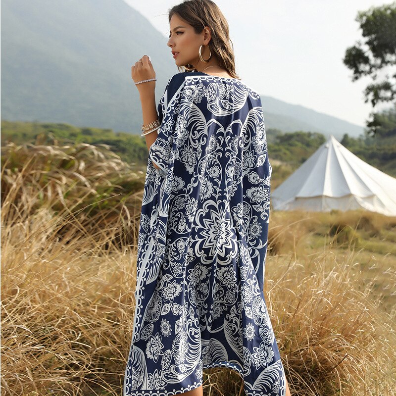 Boheme printet sommer strandkjole badedragt cover-ups plus size kvinder strand wear badedragt cover up blå bomuld tunika  a132