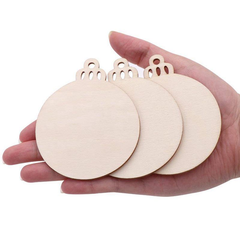 50pcs DIY Craft Wooden Round Bauble with 50pcs Twines to Paint, Unfinished Christmas Hanging Ornaments Natural Blank Wood Discs