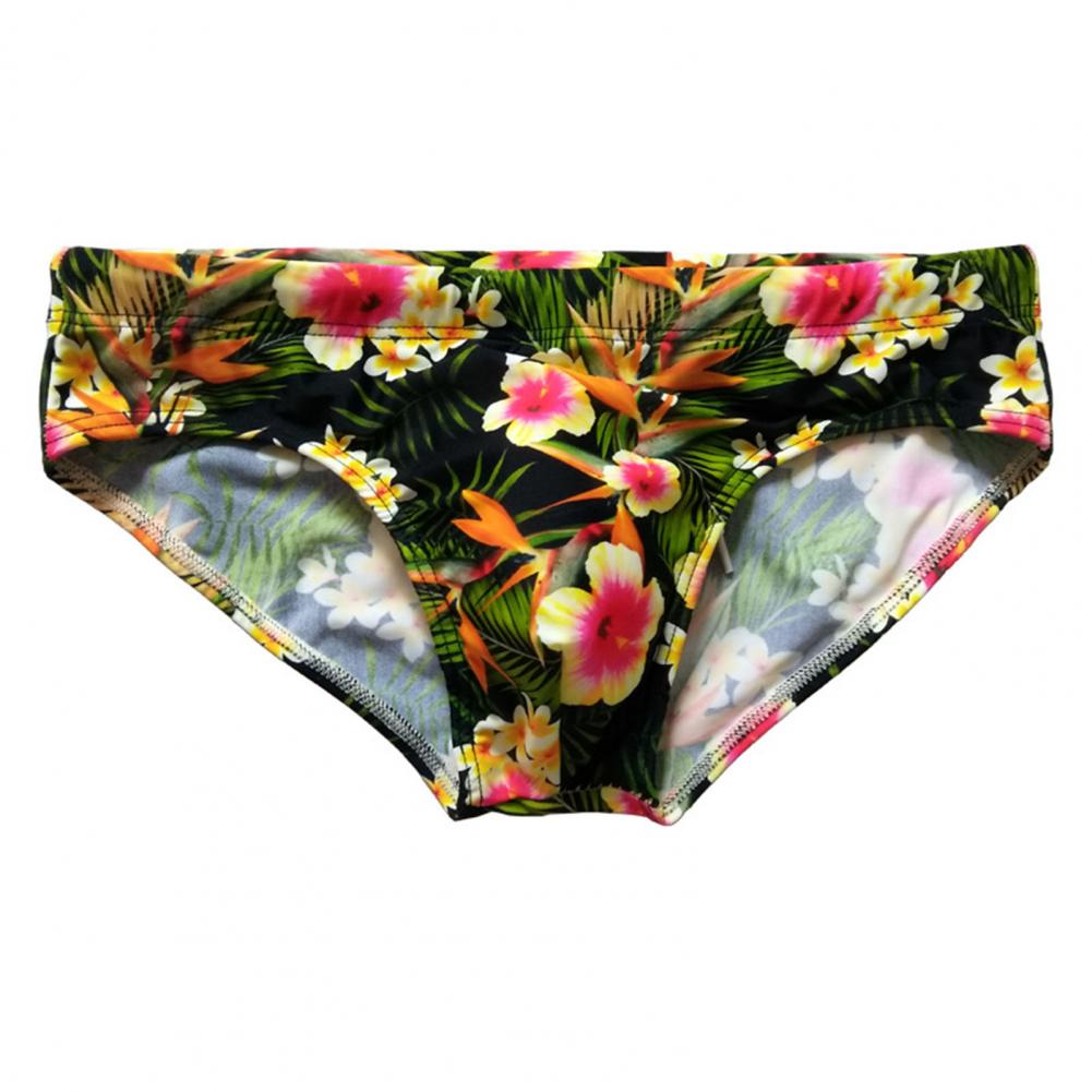 Trendy Men Swimming Trunks Floral Print Swimming Shorts Elastic Colorful Quick Dry Swimming Shorts: Black / M