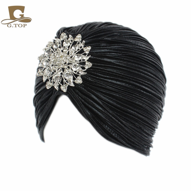 Damer guld sølv diamant juvel turban hatte til kvinder chemo bandana hijab plisseret indian cap turbante hat