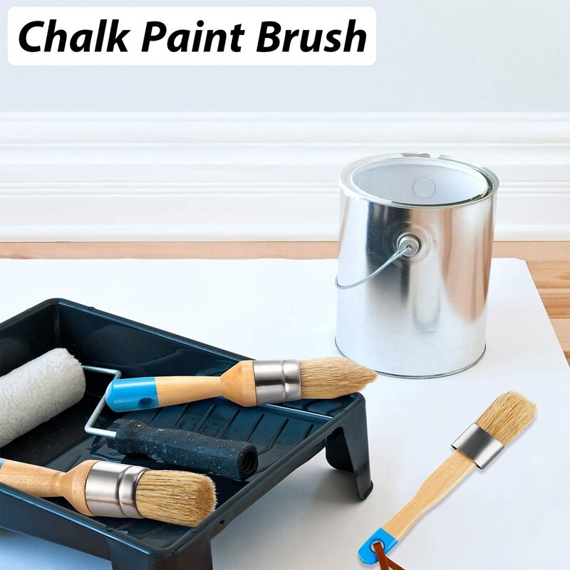 5Pcs Chalk Paint & Wax Brush Natural Bristle Brush Set - Round Brush, 3 Piece Brush Set & 4Inch Flat Brush