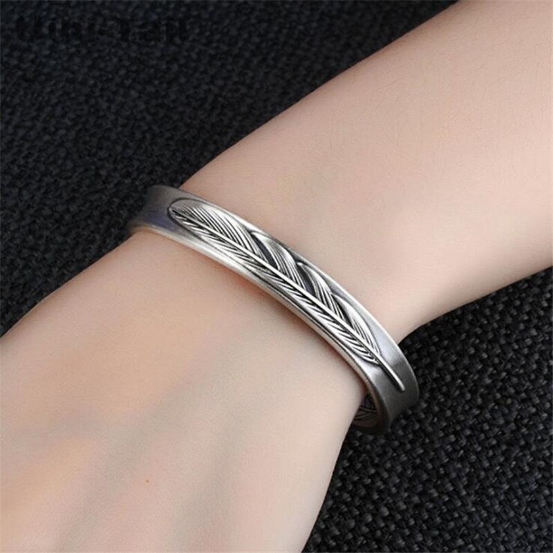 Uini-Tail authentic 925 Tibetan silver retro feather bracelet personality simple couple models open bracelet