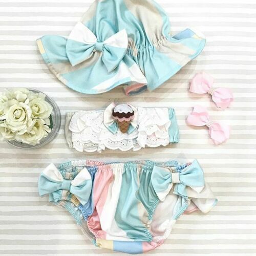 Børn bikini sæt småbørn nyfødt baby pige 3 stykker blonde badedragt blomster badetøj badning sommer print hat sløjfe flæser: Blå / 12m