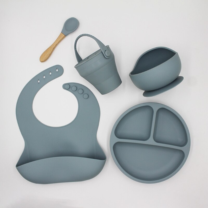 5 Pcs Baby Bibs Drooling Burp Aprons+Suction Dish Bowl+Sucker Dinner Plate+Spoon+Cup Set Silicone Tableware Kit