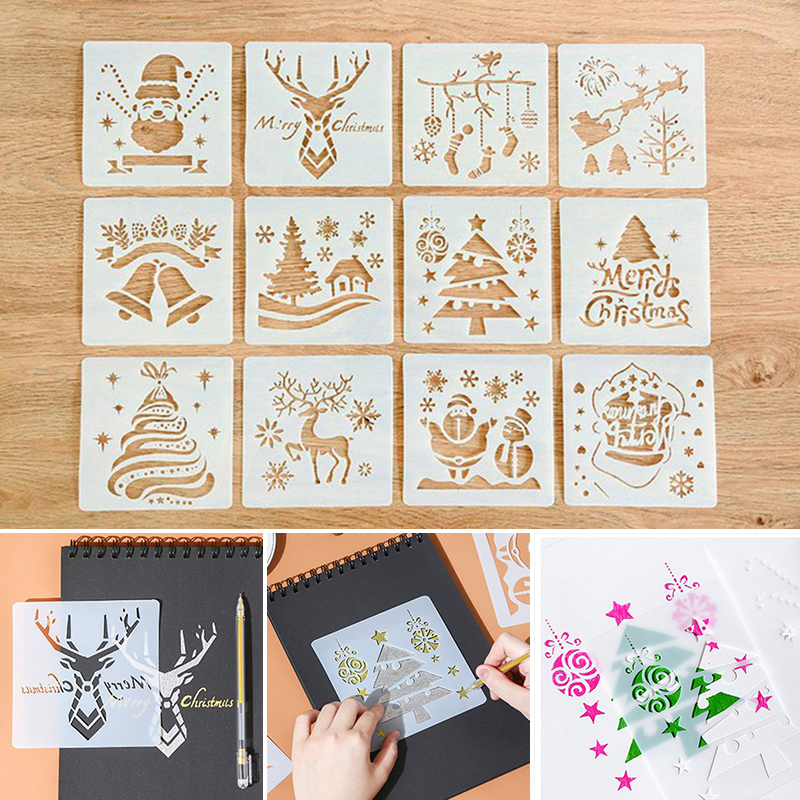 12 stk julestencil julemand snemand snefnug plast skabelon diy lagdeling stencil maleri scrapbog album dekorativt