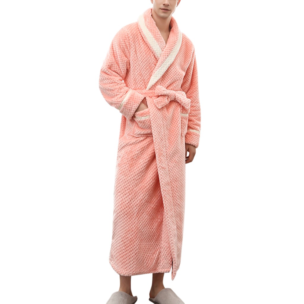 Couples Bathrobe Men Sleepwear Winter Lengthened Bathrobe Splicing Home Clothes Long Sleeved Robe Coat szlafrok Bath Robe: Pink / M