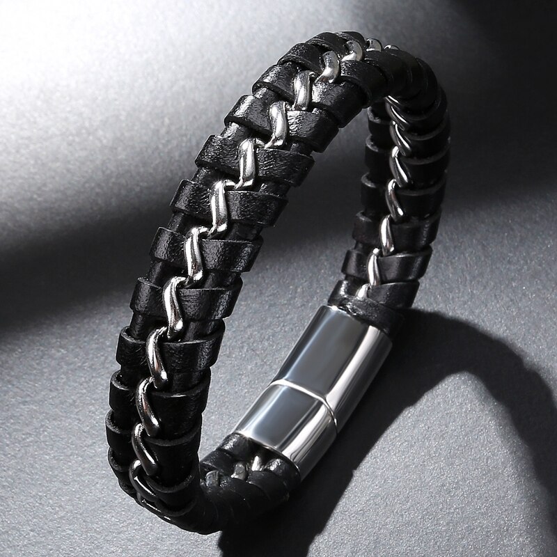 MOZO Neue Männer Charme Leder Armbänder Edelstahl Kette Armbänder Punk Felsen Männer modisch Schmuck