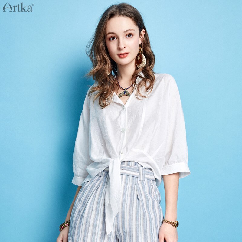 Artka sommer kvinder hvid skjorte afslappet speciel løs kort skjorte turn-down krave nylon bluse  sa10096c