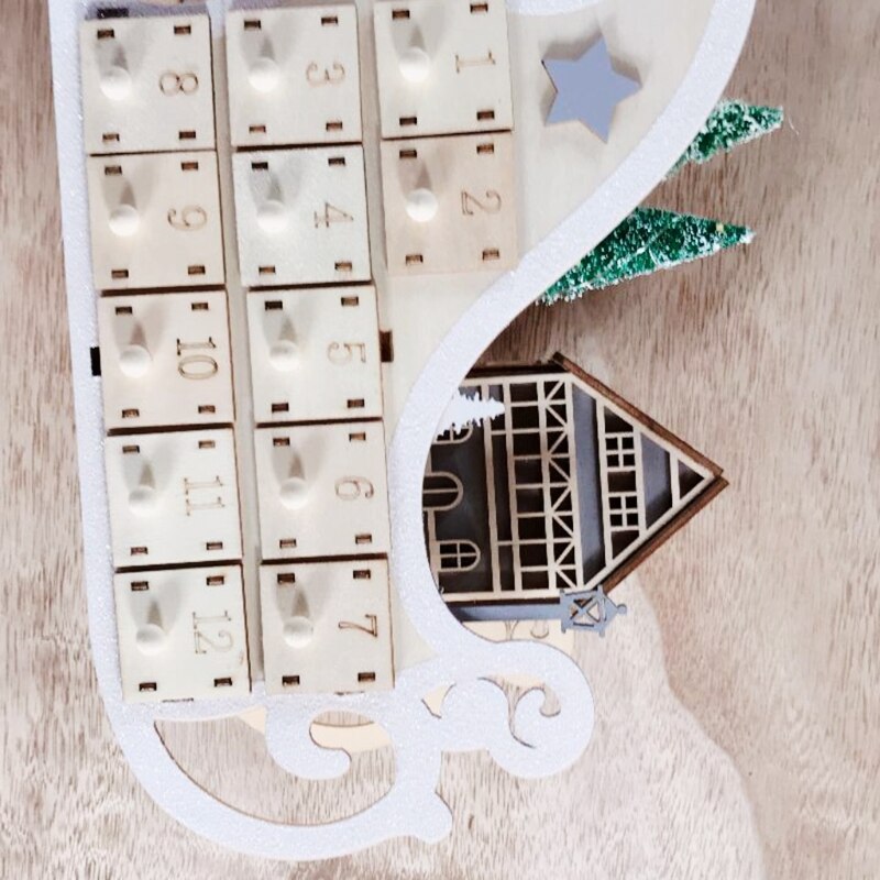 House Sleigh Wooden Advent Calendar Countdown Christmas Party Decor 24 Drawers L4MB