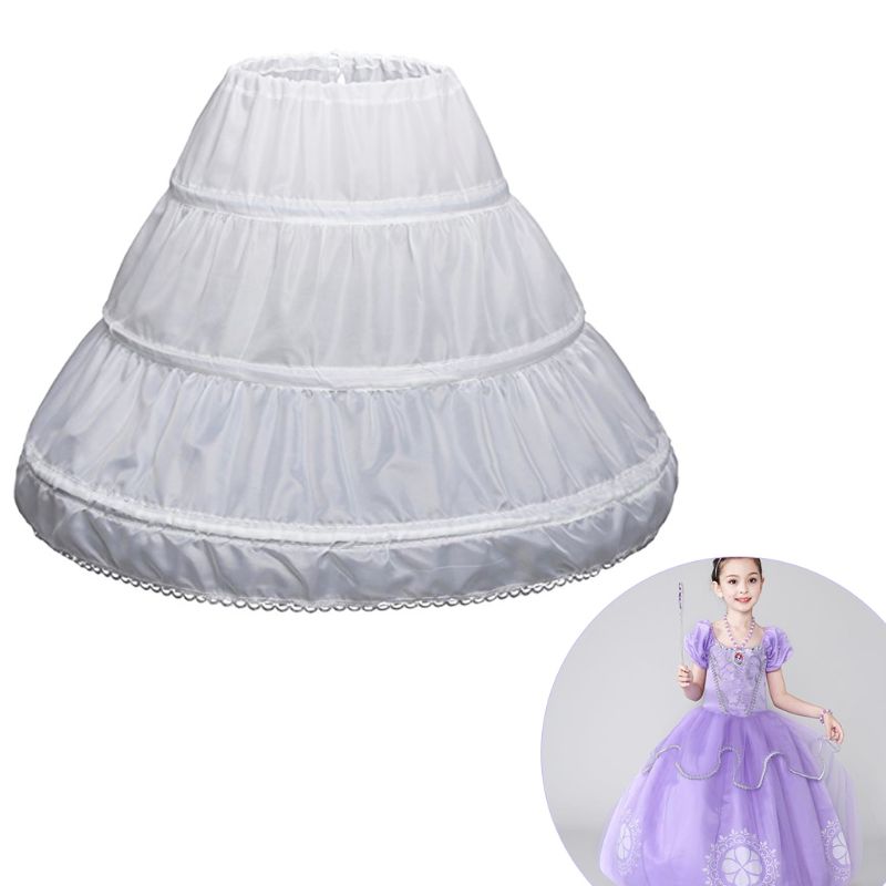 White Children Petticoat A-Line 3 Hoops One Layer Kids Lace Trim Flower Girl Dress Underskirt Elastic Waist Drawstring Half Slip
